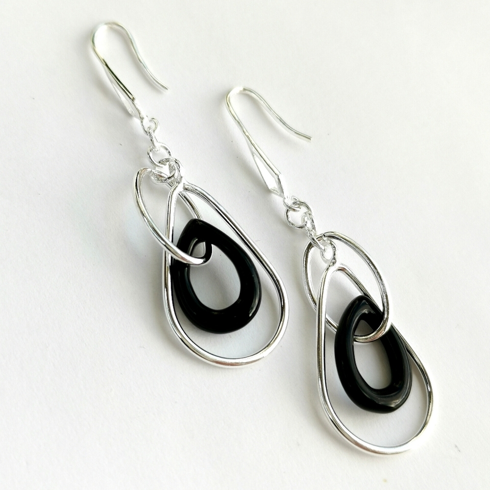 Modernist Black Onyx Sterling Silver Dangle Earrings